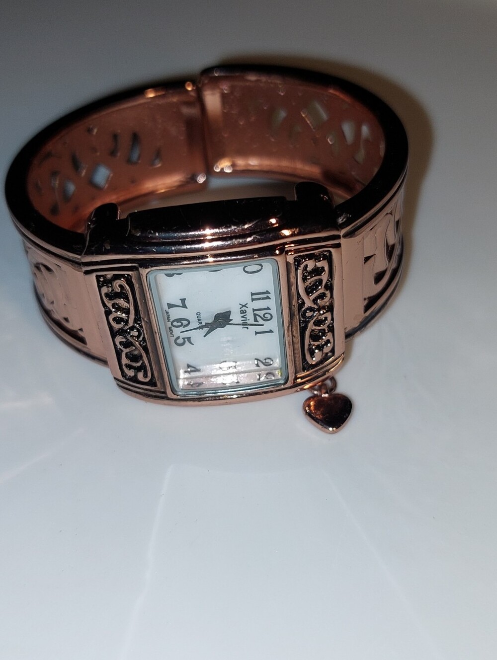 Rose Gold Heart Charm Women's Clamp Bracelet Watch